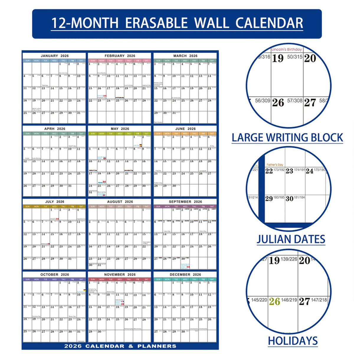 2026 Laminated Erasable Wall Calendar | Double-Sided Foldable