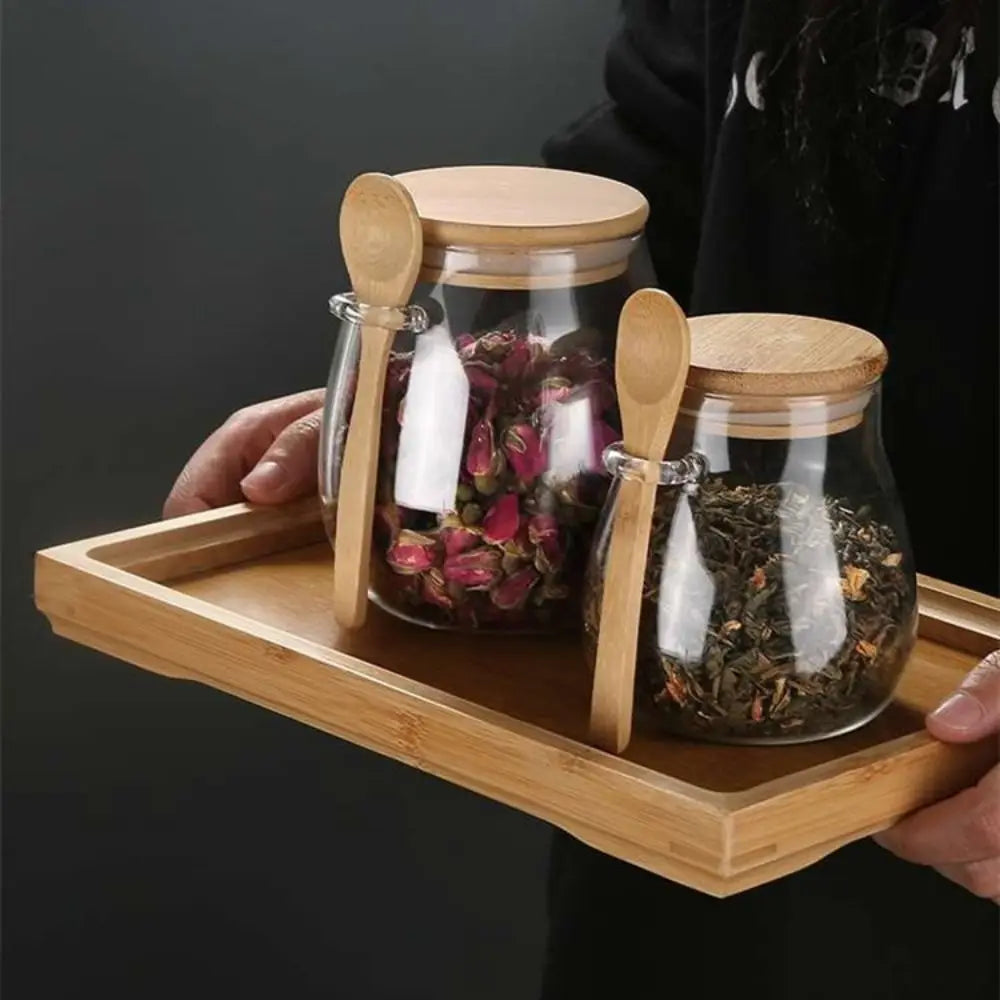 Airtight Glass Storage Jars with Bamboo Lid & Wooden Spoon
