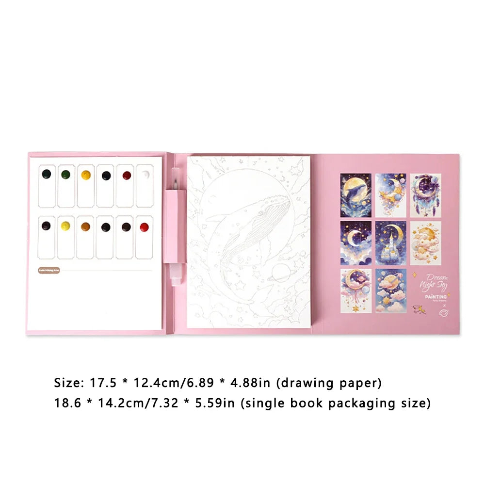 Travel Watercolor Painting Tri-fold Book Built-in 12 Colors Stress