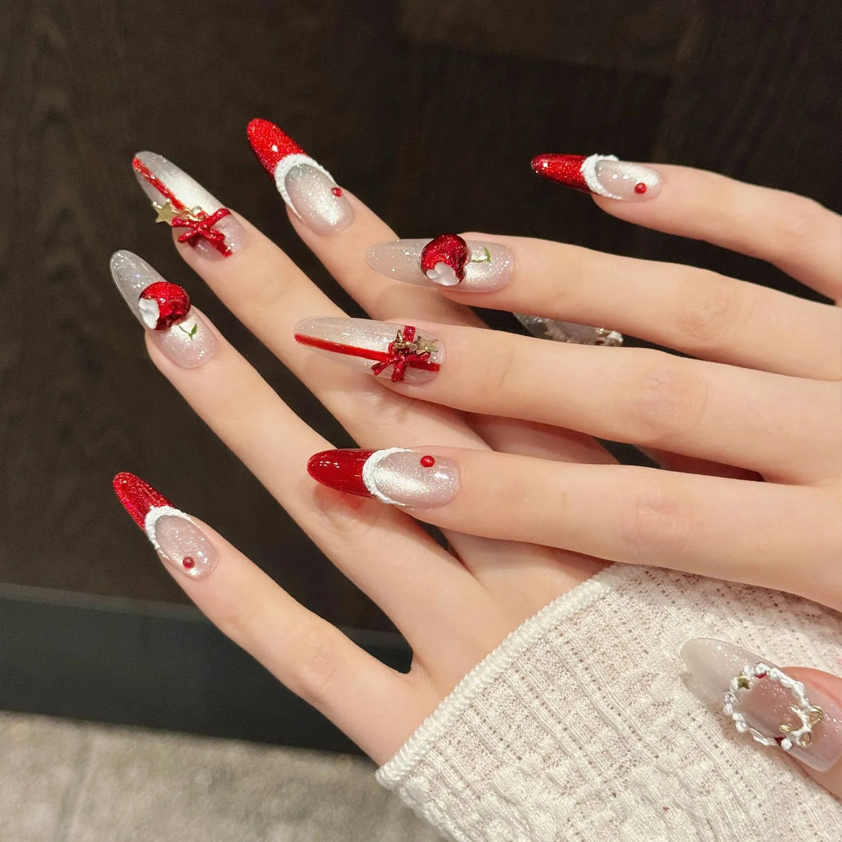 Christmas Press On Nails | Cat's Eye Red French Tip 3D Bows