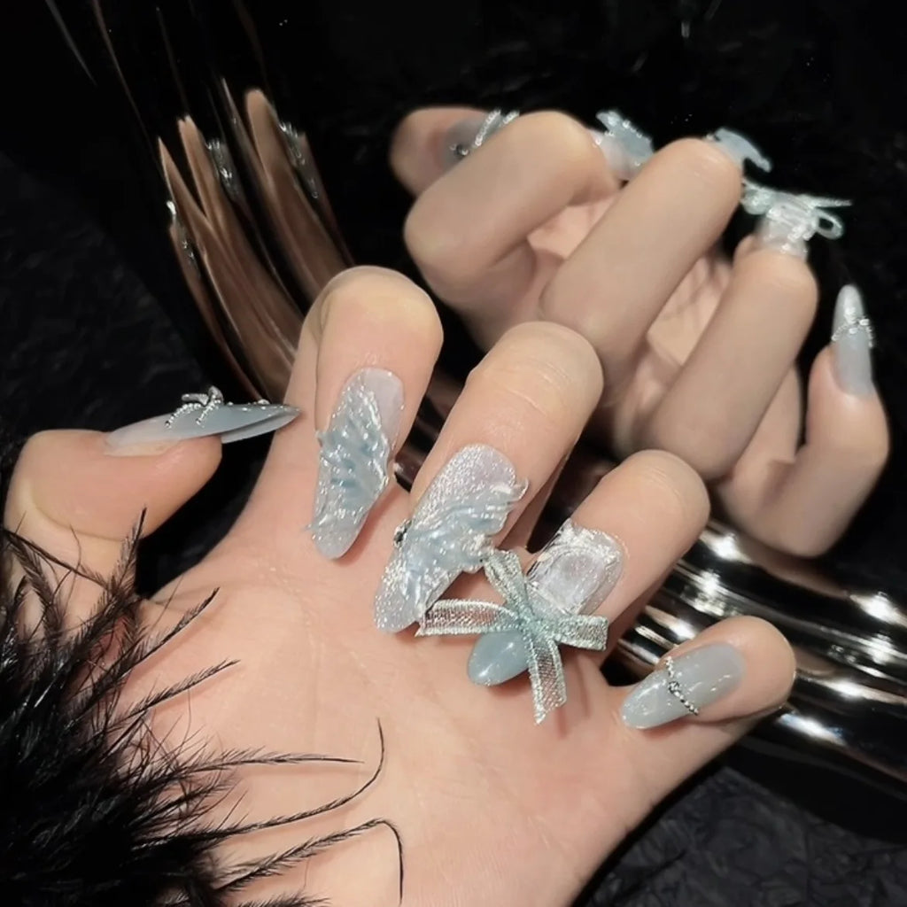Handmade Press-On Nails Gradient Blue Cat Eye Glitter Butterfly
