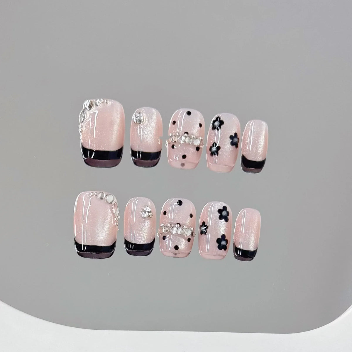 Handmade Pink French Floral Press On Nails | Short Round 10pcs