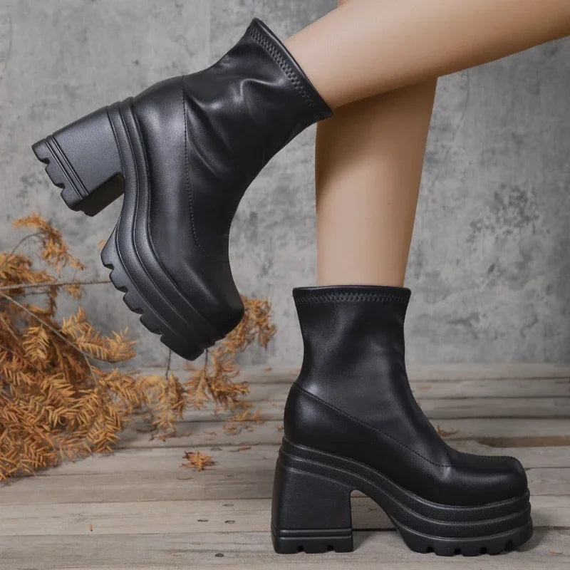 Women's Platform Block Heel Mid-Calf Boots – Zip, Large Size