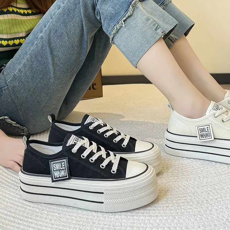Women's Black Platform Canvas Sneakers – Lace-Up Fashion