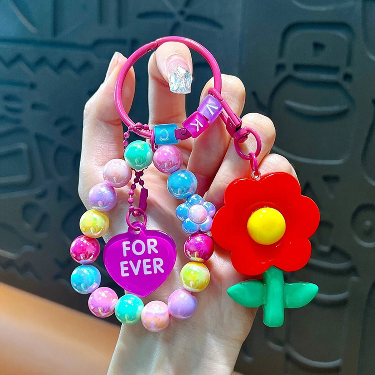 Handmade Beaded Keychain Wristlet Bracelet | Floral Bag Charm