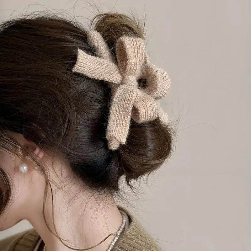 Plush Knit Bow Hair Claw Clip | Korean Style Women's Hair Accessory