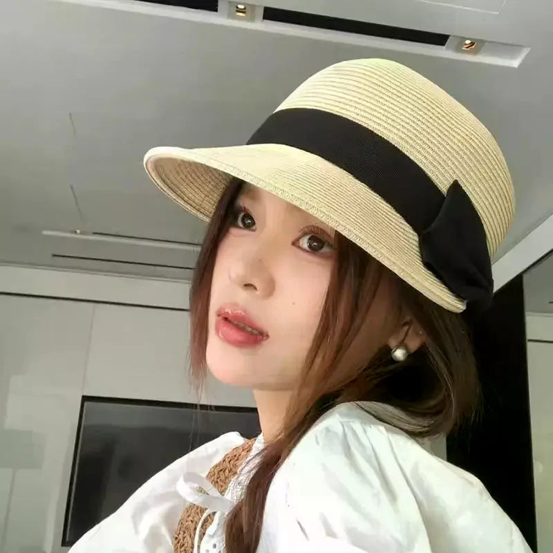Women's Vintage Straw Sun Hat – French Flat Top Bow Beach Cap