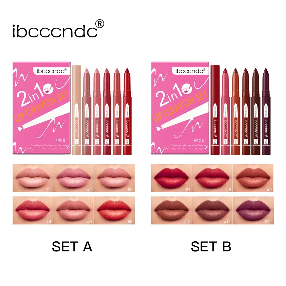 6-Color Matte Lip Crayon Set – 2-in-1 Lip Liner & Lipstick