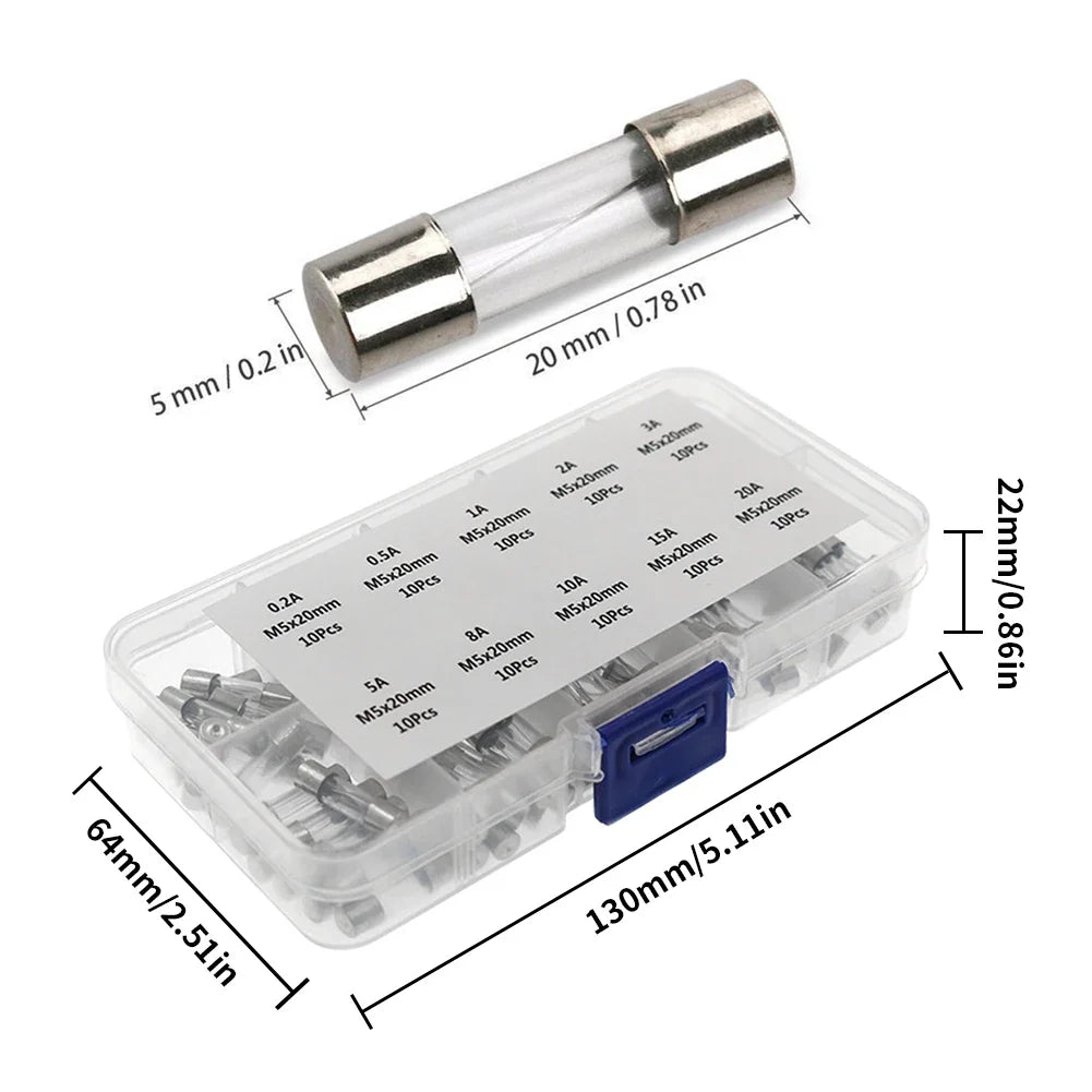 100-Pack 5x20mm Fast-Blow Glass Tube Fuse Kit 0.2A–20A 250V