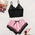 Women's Satin Lace Cami & Shorts Pajama Set – Black & Pink