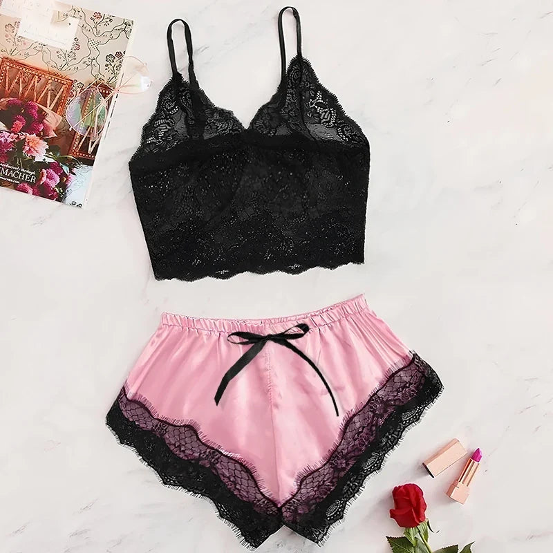 Women's Satin Lace Cami & Shorts Pajama Set – Black & Pink