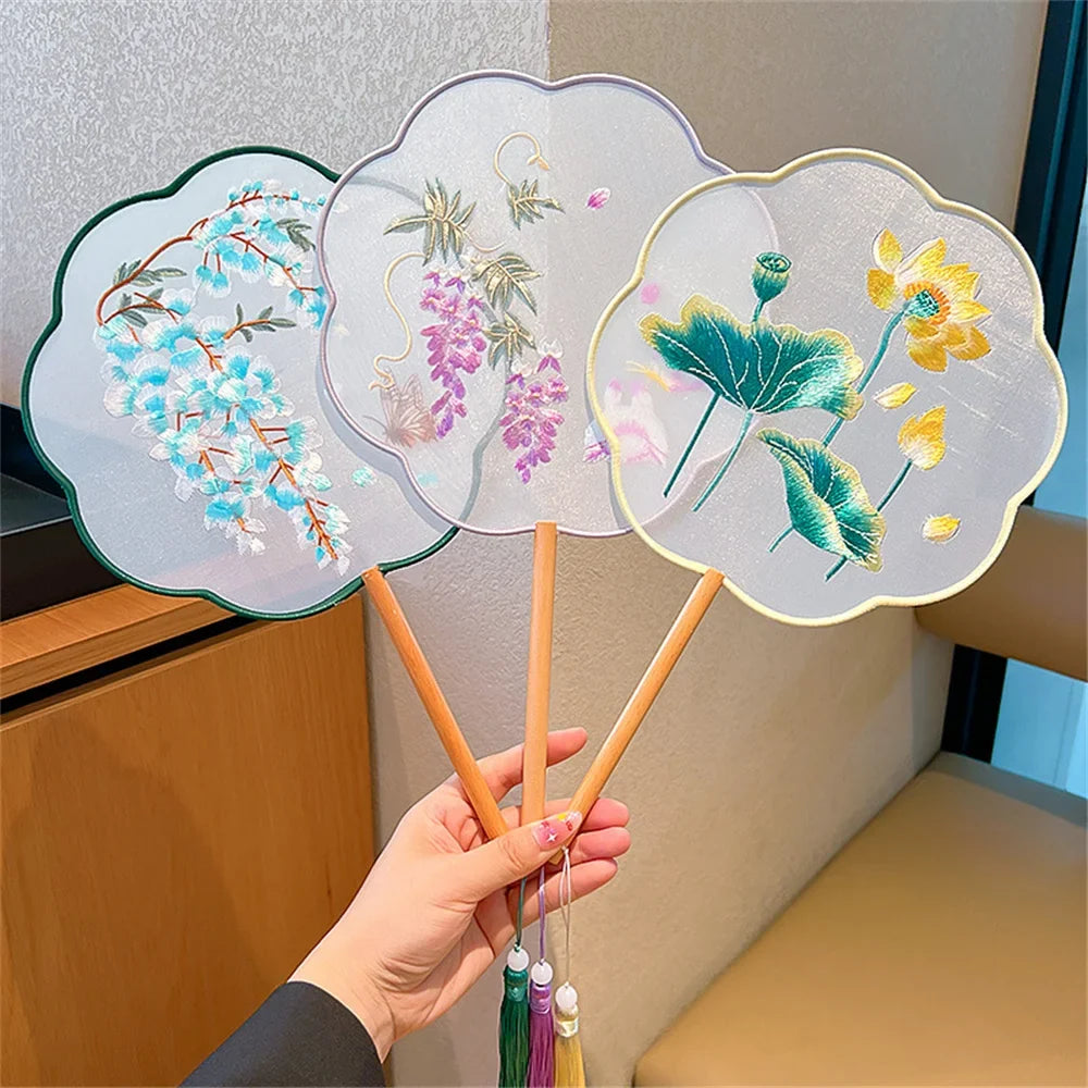Flower Embroidered Silk Round Fan Chinese Hand Fans Wooden Handle