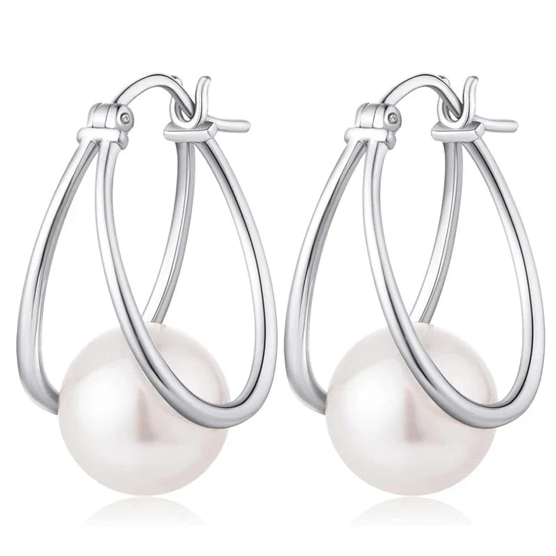 Huitan Imitation Pearl Hoop Earrings for Women – Silver