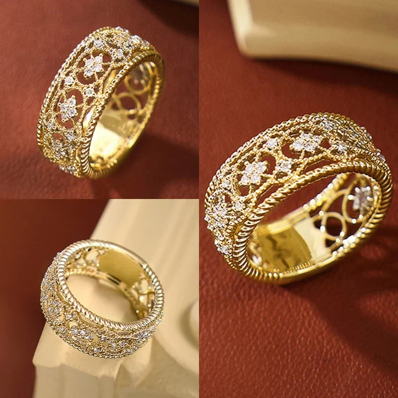 Huitan Vintage Hollow CZ Ring – Gold Tone Women's Jewelry