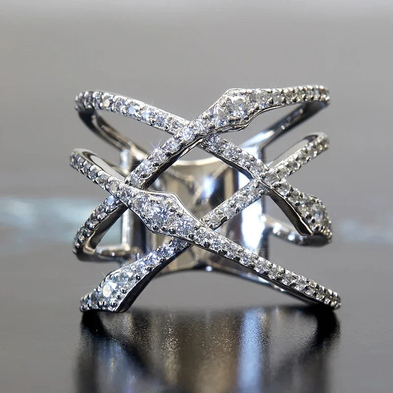 Huitan Double Cross Ring Women – Silver Cubic Zirconia CZ