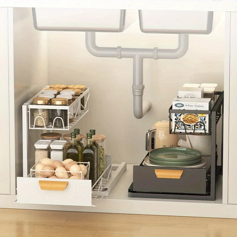 2-Tier Sliding Under Sink Organizer Rustproof Metal Storage Kitchen