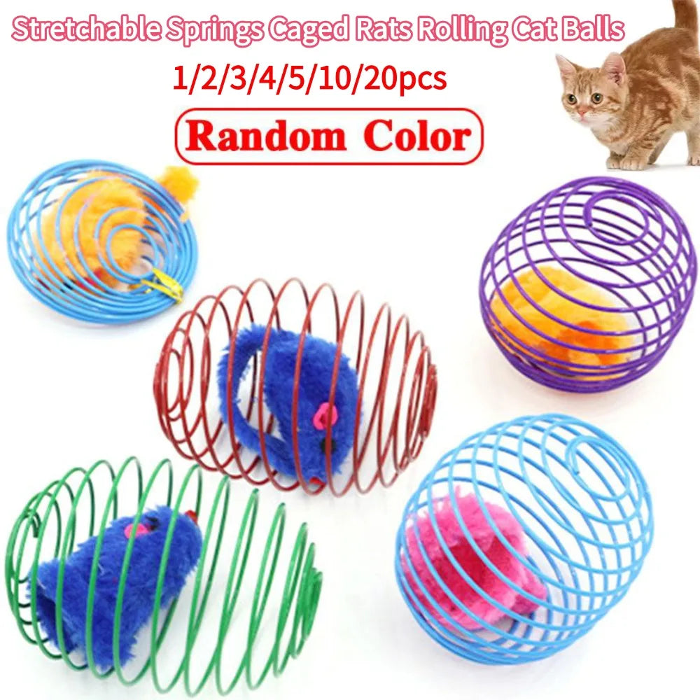 Interactive Caged Spring Cat Toy Ball with Mouse – Random Color