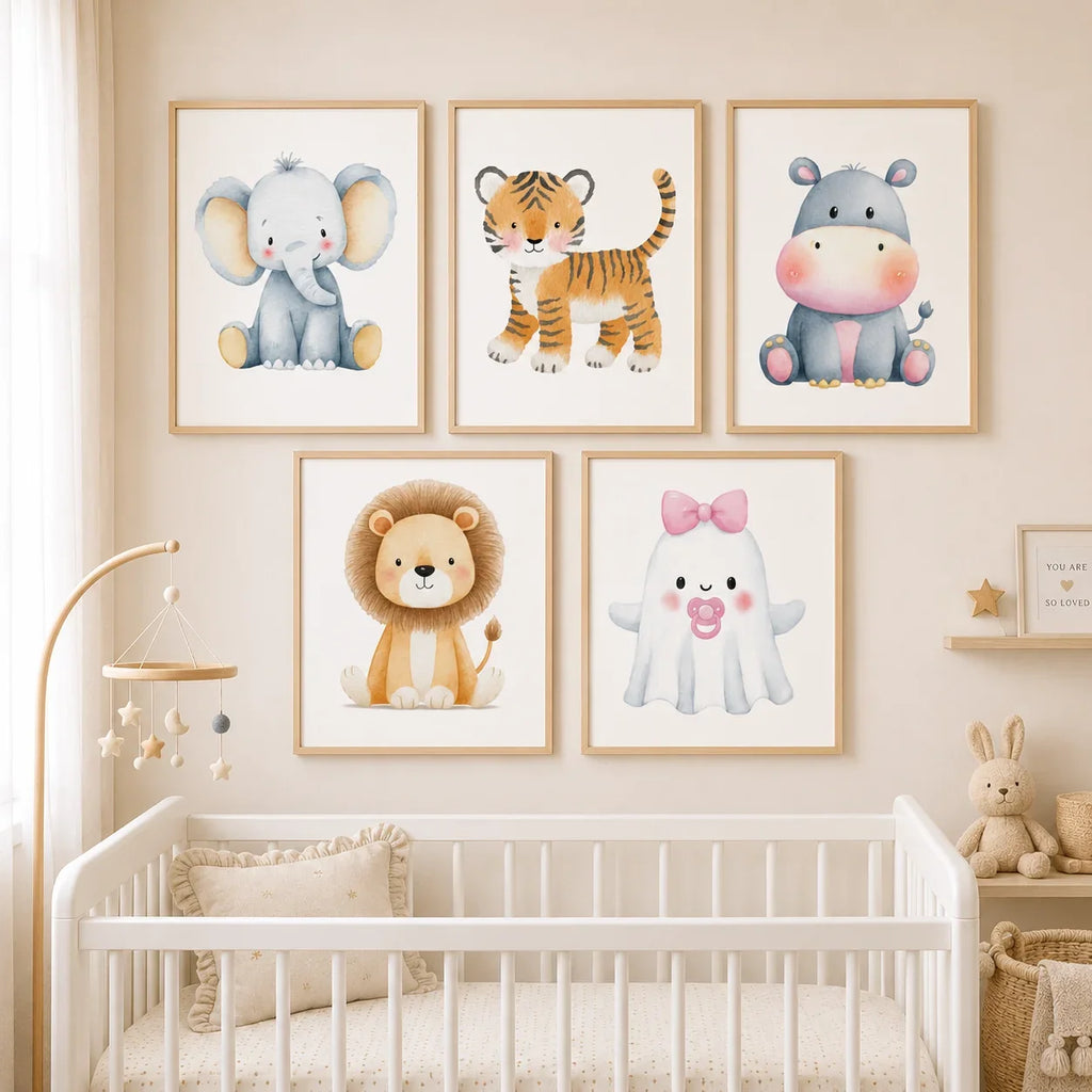 Nursery Animal Canvas Wall Art | Tiger Hippo Lion Kids Poster