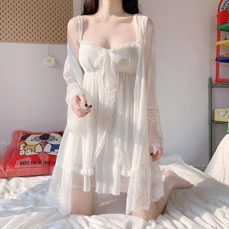 Women's Lace Bow Mesh Nightgown & Robe Set – White Sleepwear