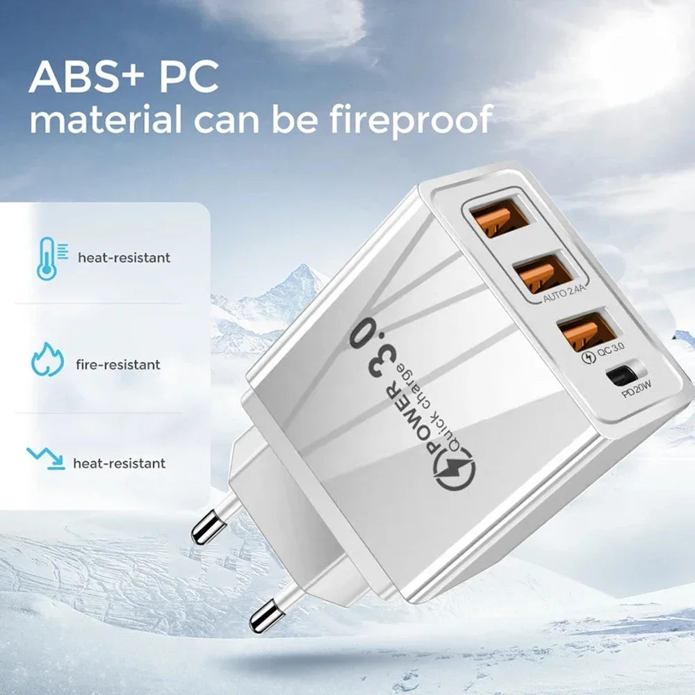 48W USB-C PD Fast Charger QC 3.0 | 4-Port EU/US Wall Adapter