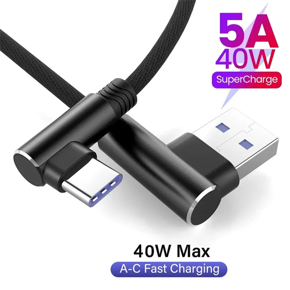 90° 40W USB-C Fast Charging Cable 5A Braided | iPhone & Android