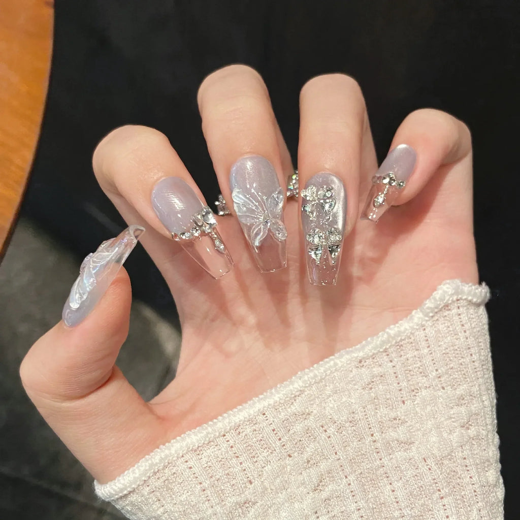 Ice Blue Butterfly Press On Nails | 10pc Gradient Fake Nails
