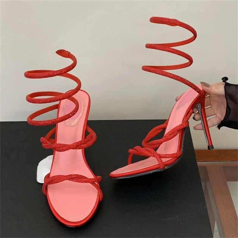 Women's Rhinestone Snake Ankle Strap High Heel Sandals
