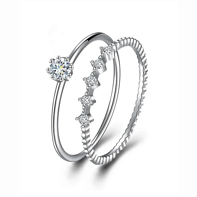 Huitan 2-Piece Stackable Silver CZ Thin Rings Set for Women