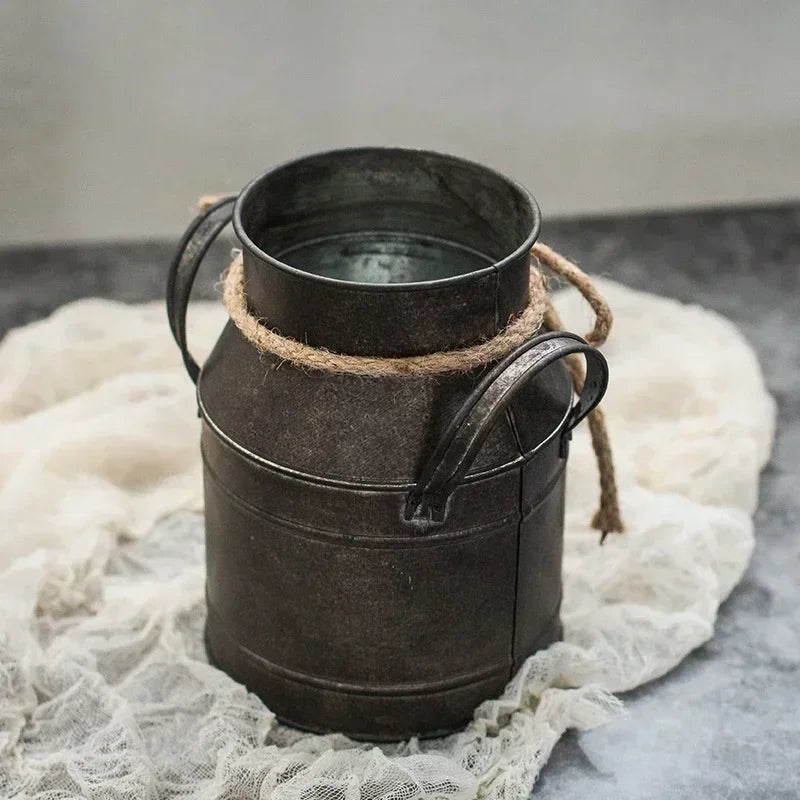 Retro Tin Flower Bucket Vase – Vintage Metal Milk Jug Planter