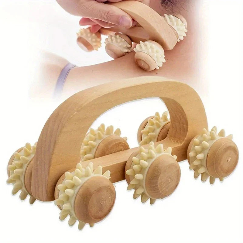 Wooden 6-Wheel Manual Massage Roller – Neck, Back & Legs
