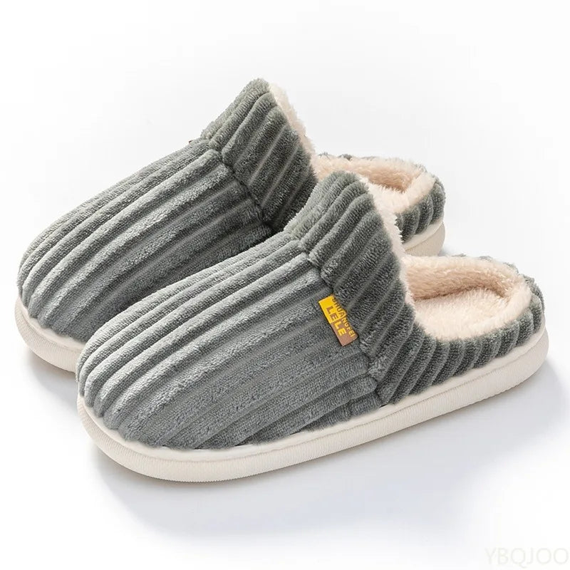 Couple Winter Striped Slippers – Plush Warm Non-Slip Home Shoes