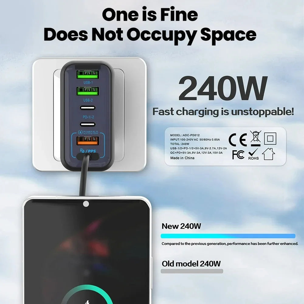 240W 6-Port USB-C Wall Charger PD3.0 QC3.0 | Fast Charging