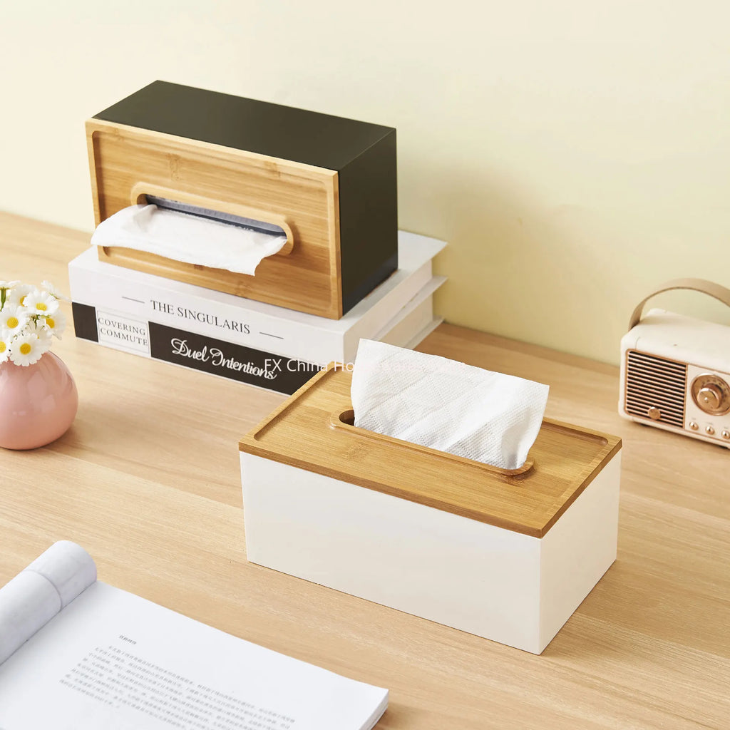 Japanese Bamboo Lid Tissue Box Holder Plastic Desktop Organizer