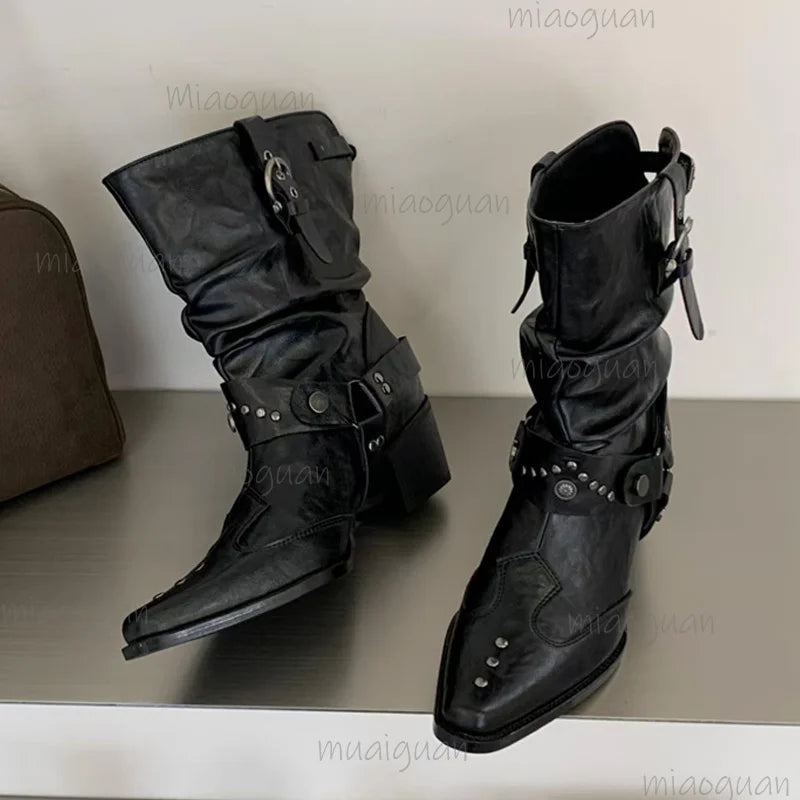 Women's Western Rivet Buckle Ankle Boots – Pointed Toe Heels