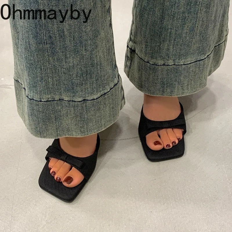 Women's Butterfly-Knot Square Toe Slide Mule Slippers Low Heel