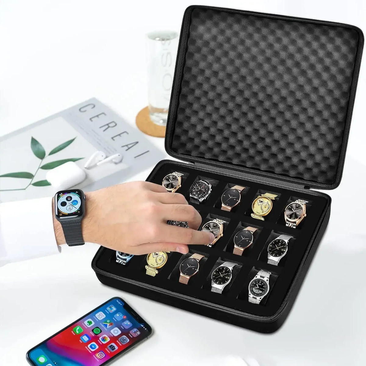 15 Slots Watch Box Men Display Storage Case Fits All Wristwatches