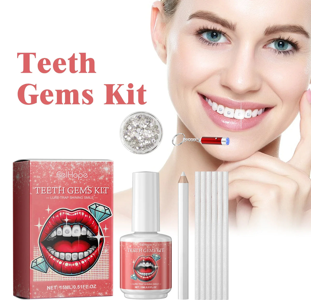 DIY Teeth Gems Kit – 100 Dental Gems, UV Light & Adhesive
