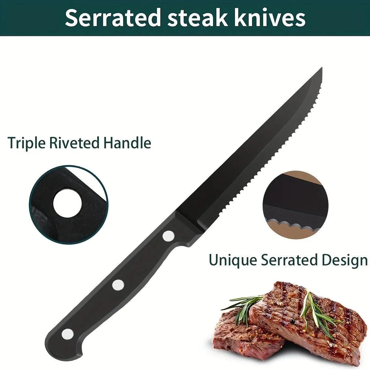 Black Stainless Steel Steak Knife Set – 4/6/8/16 Pcs Serrated