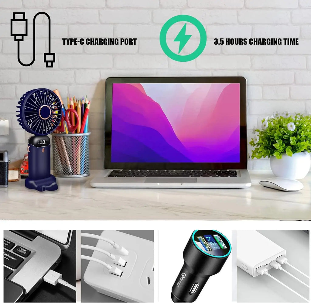 N15 Foldable USB Rechargeable Mini Fan with LED Display & Base
