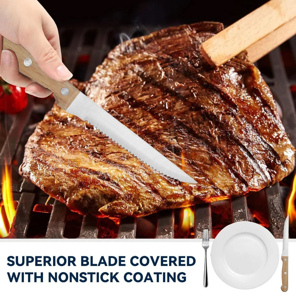 Stainless Steel Steak Knife Set – Serrated Wooden Handle 1–8 Pc
