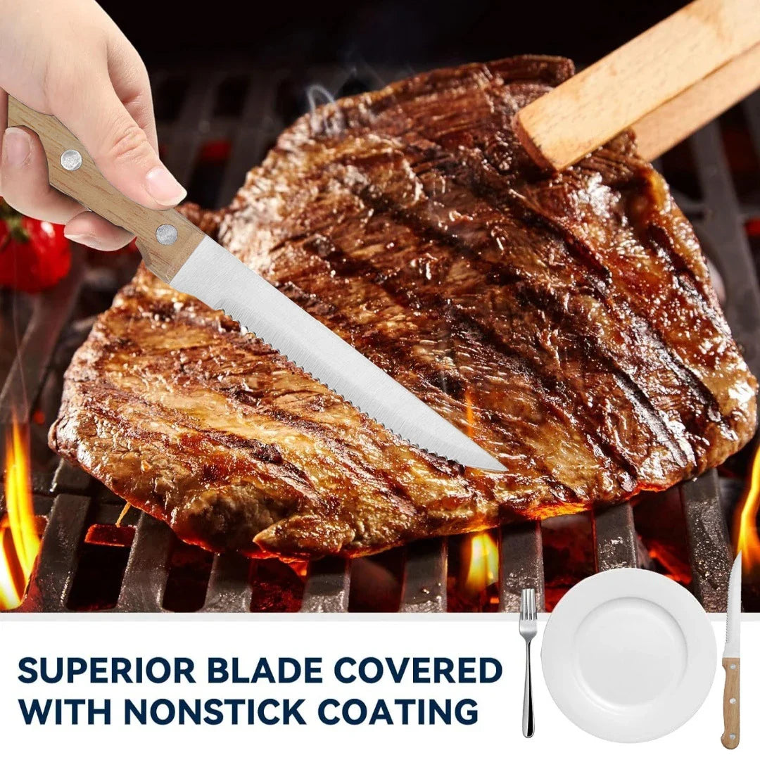 Stainless Steel Steak Knife Set – Serrated Wooden Handle 1–8 Pc