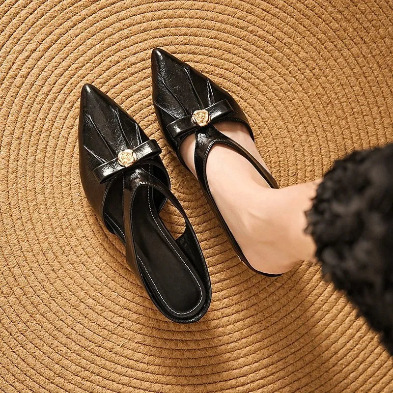 Women's Metal Camellia Block Heel Sandals – Pointed Toe Slip-On