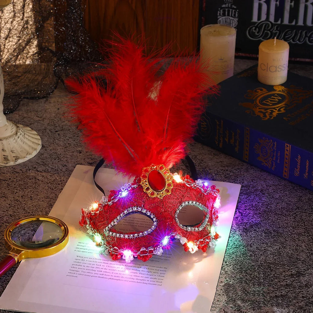 Venetian Venice Glowing Feather Led Masks Woman Fancy Dance Party Eye