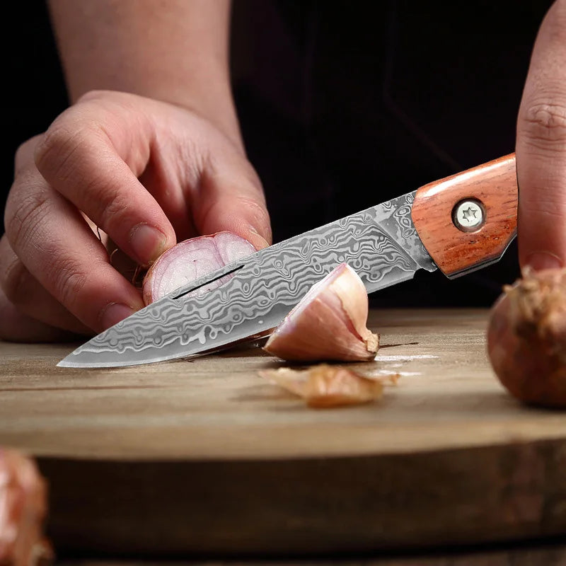 Folding Damascus Steel Kitchen Knife – Wood Handle | InLeung