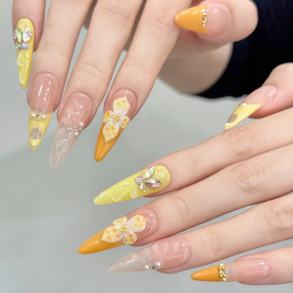 3D Carved Flower Press-On Nails | Long Almond False Nail Set