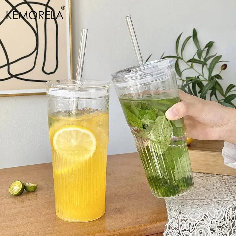 KEMORELA 600ml Stripe Glass Cup with Lid & Straw | 1 or 2 Pack