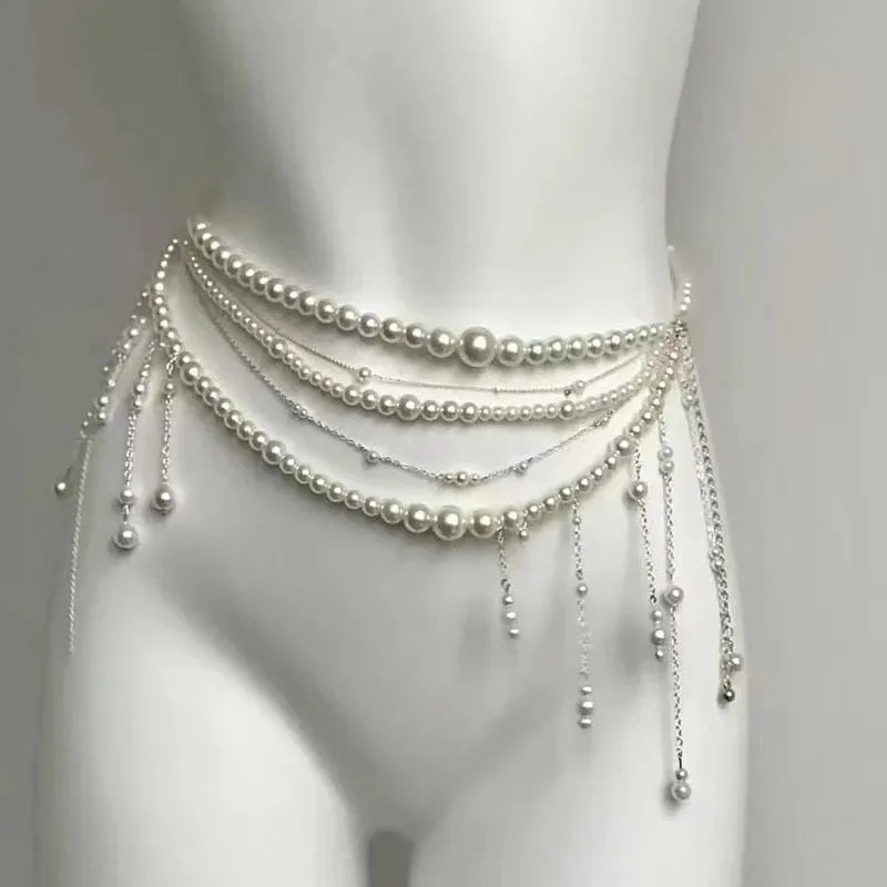 Multilayer Pearl Waist Chain Belt – Y2K Retro Women's Fashion