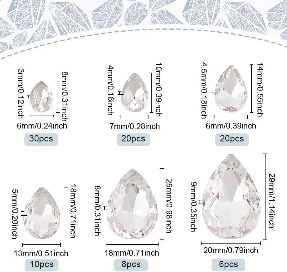 94 Pcs Teardrop Glass Rhinestones – 6 Sizes, Pointed Back Gems