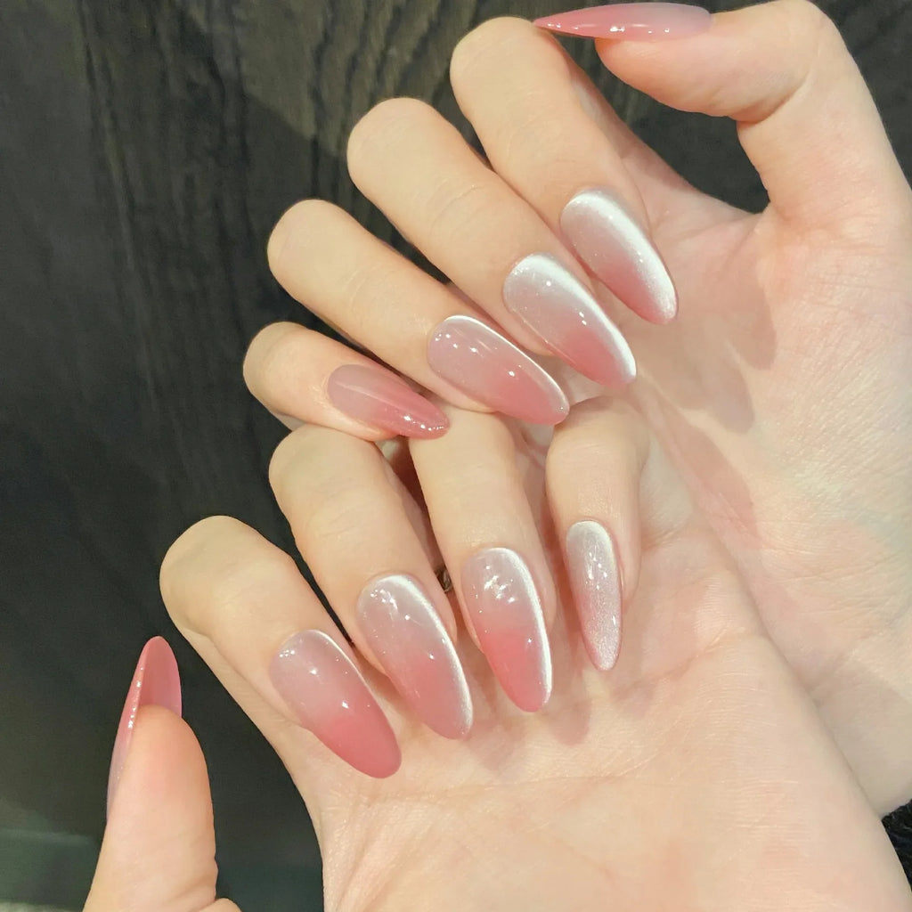 Almond Press-On Nails Gradient Pink Korean Cat Eye | 10pcs