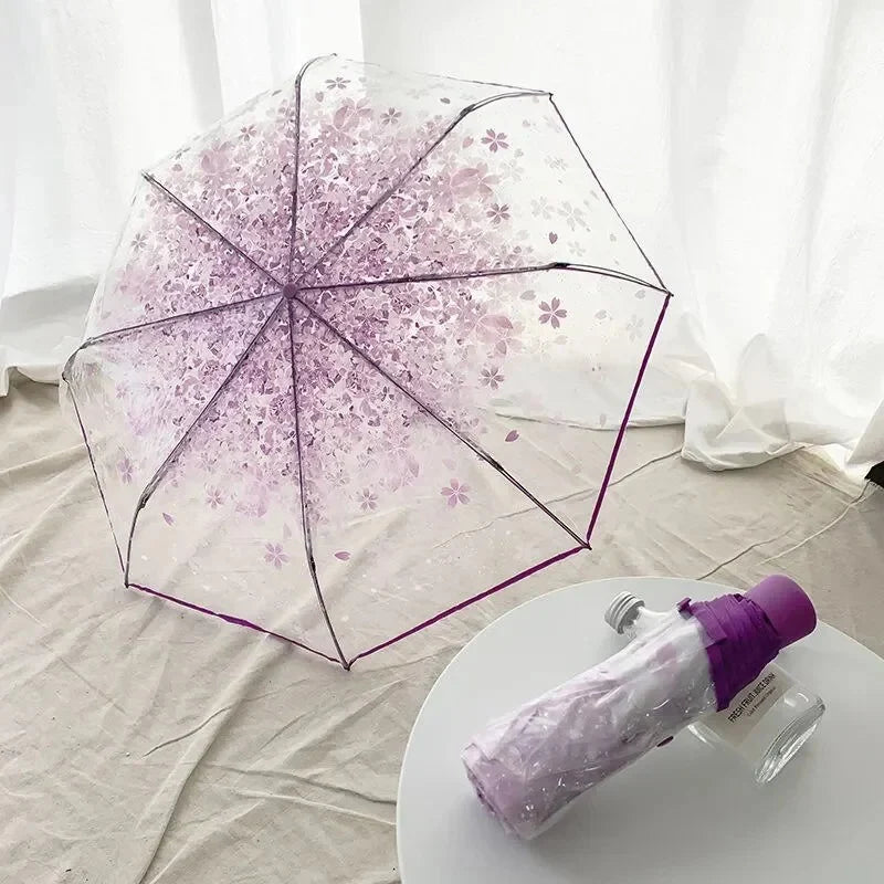 Cherry Blossom Transparent Trifold Umbrella | Korean Style
